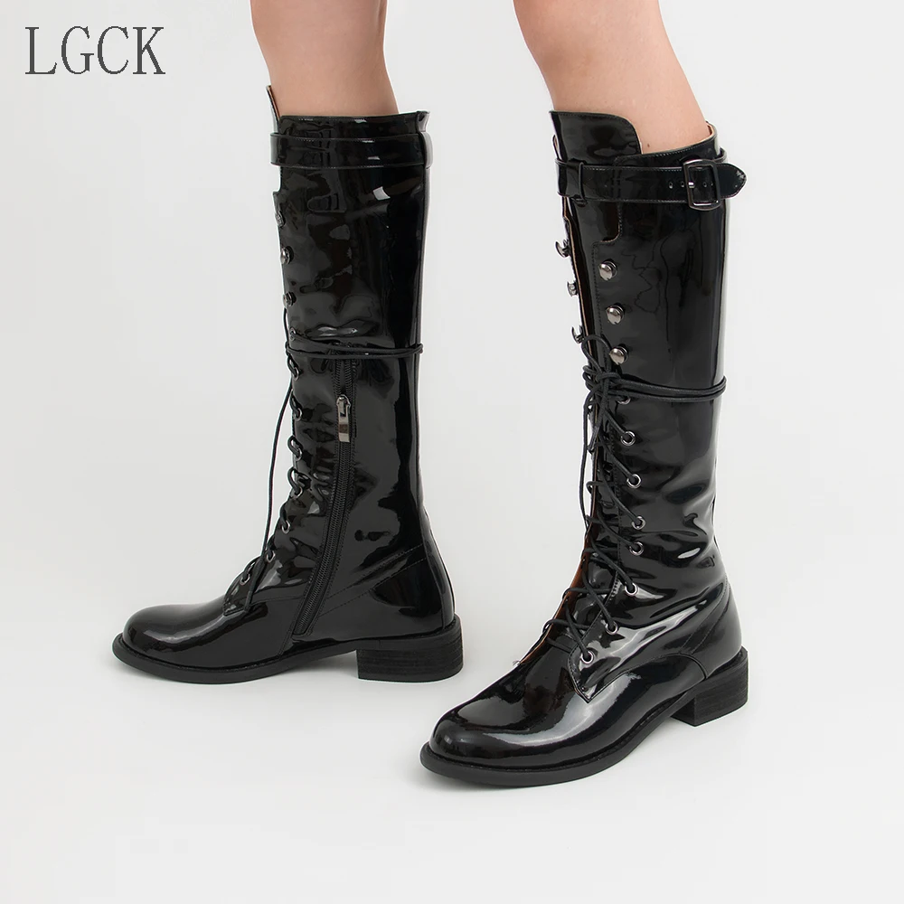 Женские сапоги до колена на застежке молнии из лакированной кожи размеры 34