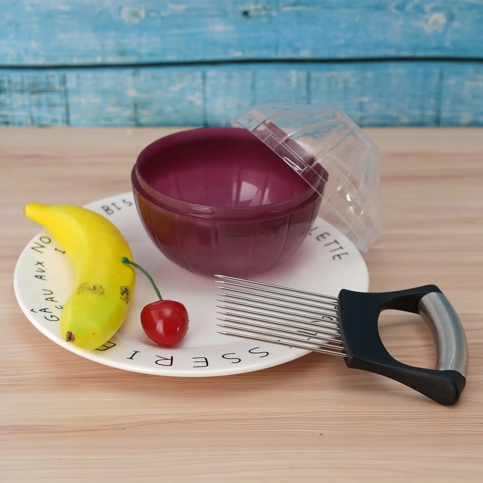 

Нержавеющая сталь резчик лука вилка для лука фрукты овощи Slicer Резак для томатов Ножи с луком всплеск коробка Кухня инструменты