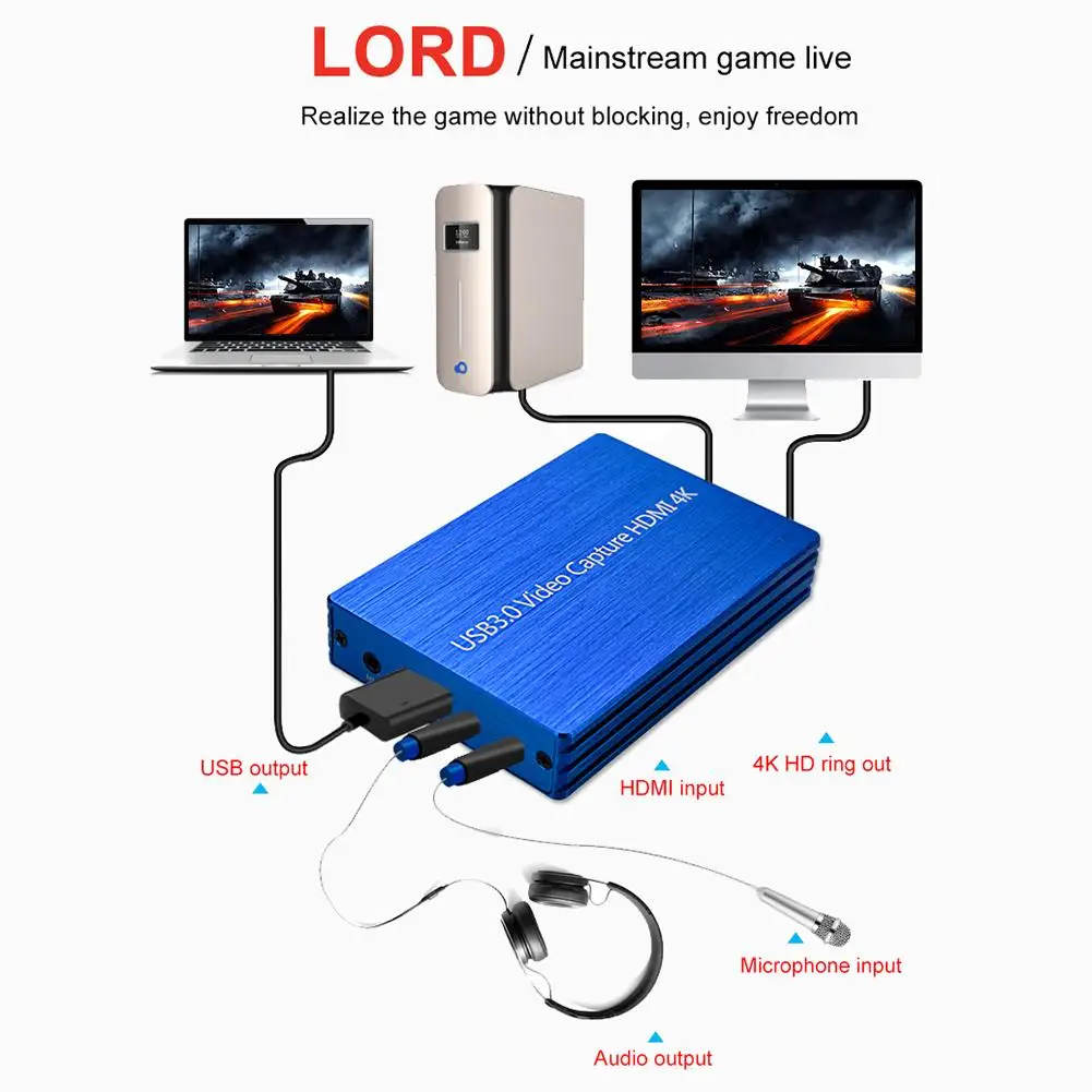 

HD 1080p Video Capture 4K HDMI Capture Card Box USB3.0 Drive-free Game Broadcast Microphone Video Capture Dropshipping