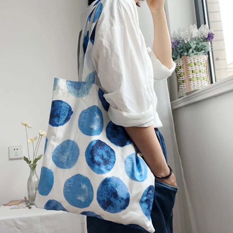 

Blue Wave Point Women Large Casual Tote Handbags Shopping Bags Cotton Cloth Ladies Shopper Bags Female Thin Canvas Shoulder Bag