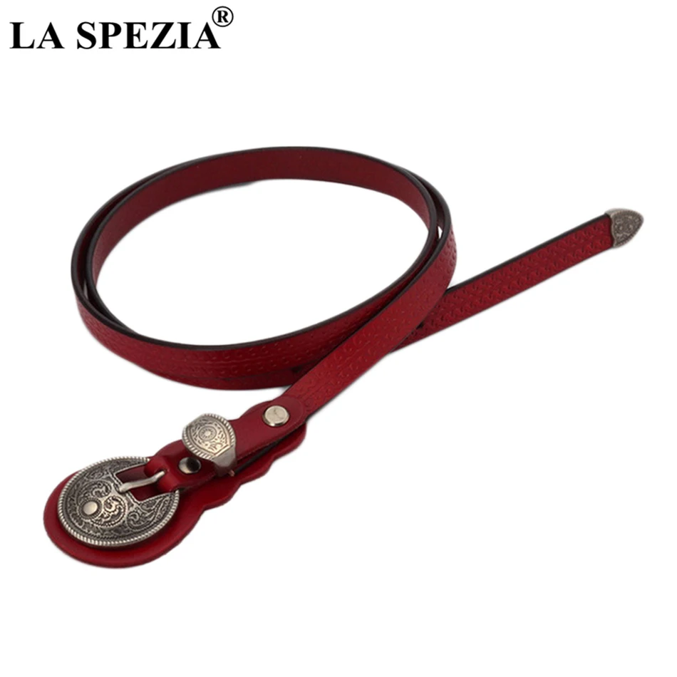 

LA SPEZIA Leather Dress Belt Women Red Thin Pin Buckle Belts Female Narrow Genuine Leather Cowhide Ladies Brand Waist Belt Jeans