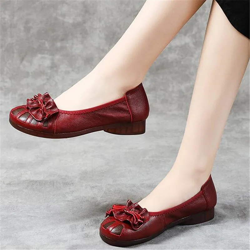

TIMETANG New Spring Round Head Bow Genuine Leather Shoes Classic Retro Shallow Women Shoes Soft Bottom Flats Women Casual Shoes