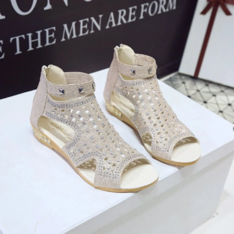 

2021 Women'S Wedge Sandals Ladies Fish Mouth Hollow Roma Summer Shoes Fashion Casual Non-Slip Crystal Bling Footwear