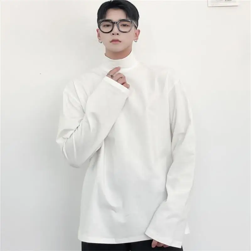

Men's Long Sleeve T-shirt Autumn New Versatile Korean Small High Neck Loose Solid Ins Bottomed Shirt Commuter Top