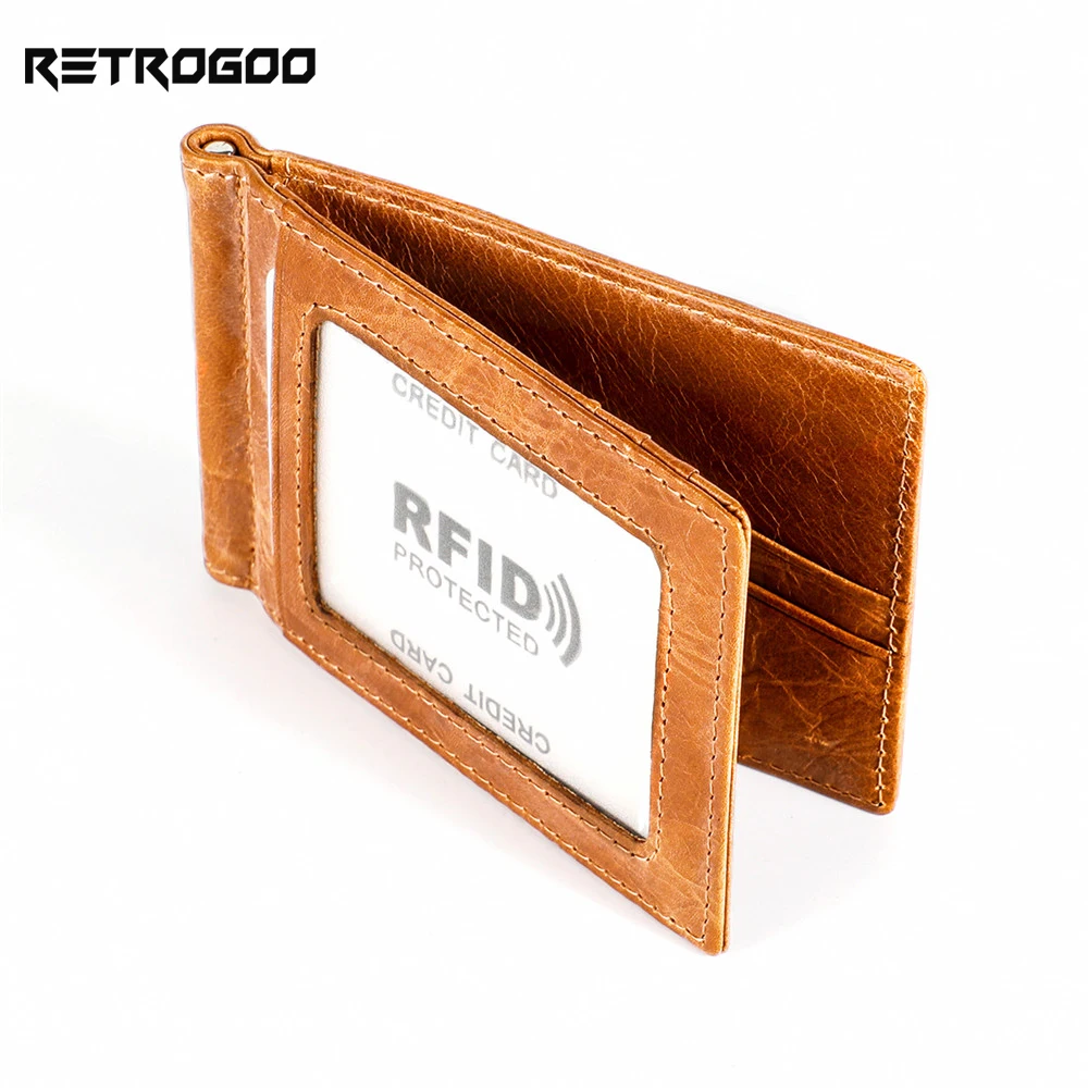 RETROGOO Genuine Leather Money Clip For Men Ultra Slim Wallet Card Holder Zipper Coin Pocket Money Clip Small Male Money Bag
