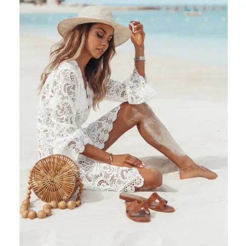 

Women' s Sexy Low Collar Lace Hollow Out Crochet Bikini Cover-ups Floral Print Lace Hem Casual Loose Mini Dress Beachwear Summer