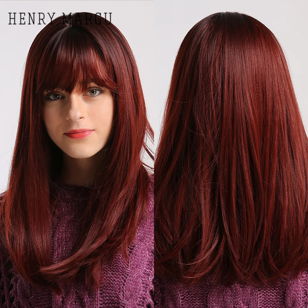 

HENRY MARGU Long Straight Synthetic Wigs for Women Ombre Dark Wine Red Wigs with Bangs Afro Cosplay Party Heat Resistant Wig