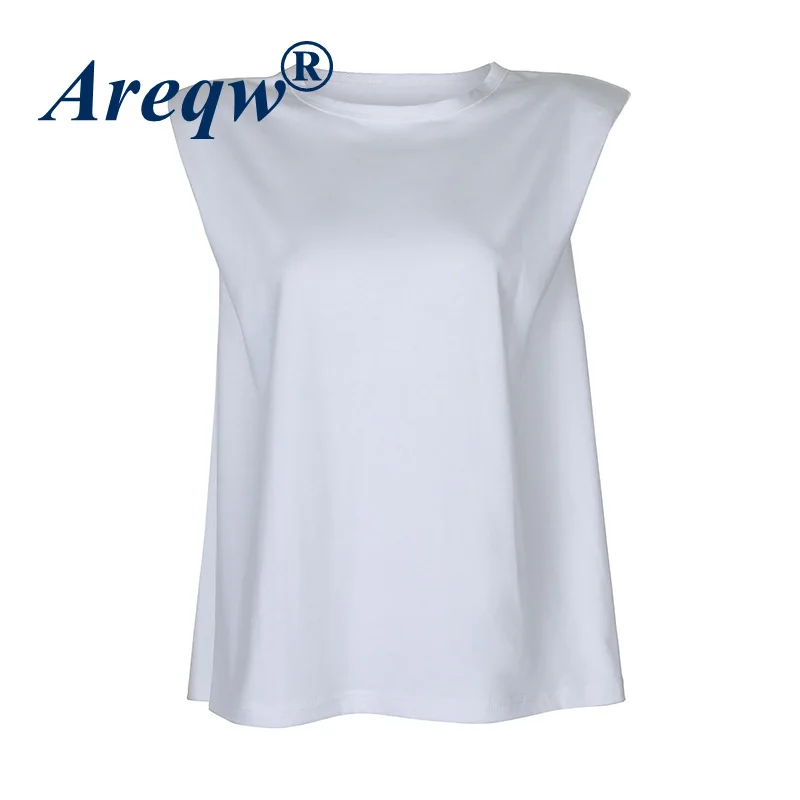 

2021 New Solid Color Sleeveless Shoulder Pad Loose Round Neck T-shirt Women Casual T-shirt Top