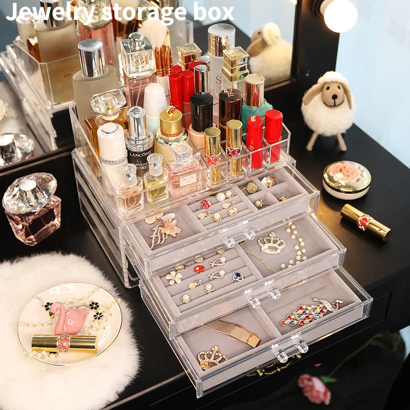 

Jewelry Storage Box Transparent Ring Earring Necklace with Drawer Dustproof Storage Display Stand Lipstick Cosmetic Storage Box