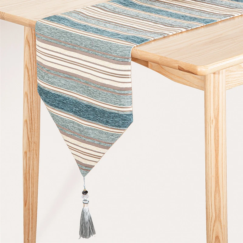 

Blue Stripes Modern Wave Geometric Table Runners Cloth Cotton with Tassels Dining Decoration for Wedding Dinner Party