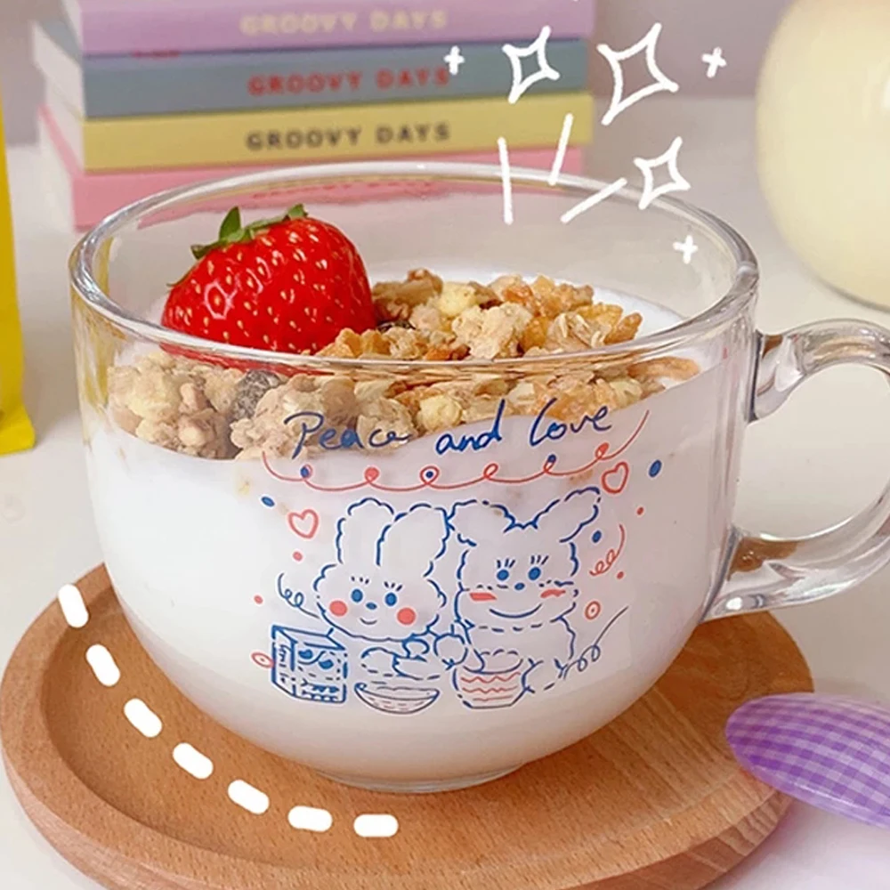 500ML Cute Transparent Glass Coffee Milk Mug With Handle Home High Capacity Breakfast Mugs Bowl Oatmeal Cereal Cups Gift Cup | Дом и сад
