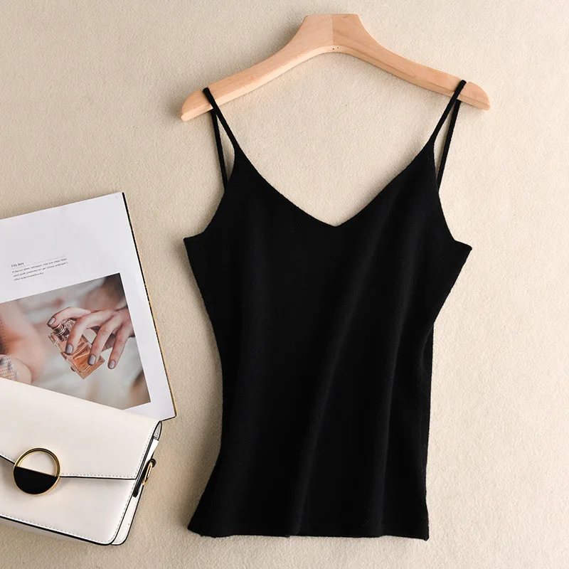 

Chic Basic V-neck Camisole Summer Knit Tank Top Women Spring Summer Wool Cashmere Camisole Female Casual Solid Wool Tops
