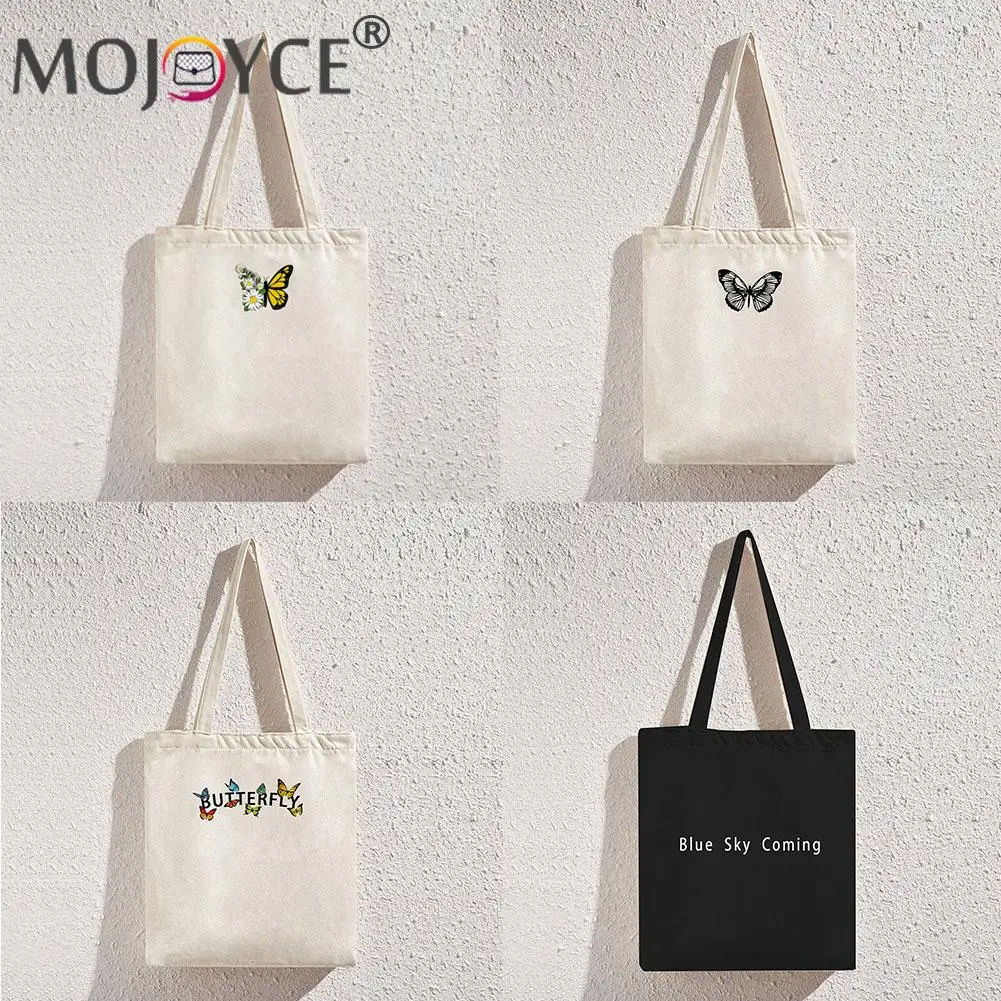 

Fashion Women Shoulder Shopping Bag Butterfly Letters Printing Canvas Casual Ladies Large Capacity Tote Handbags