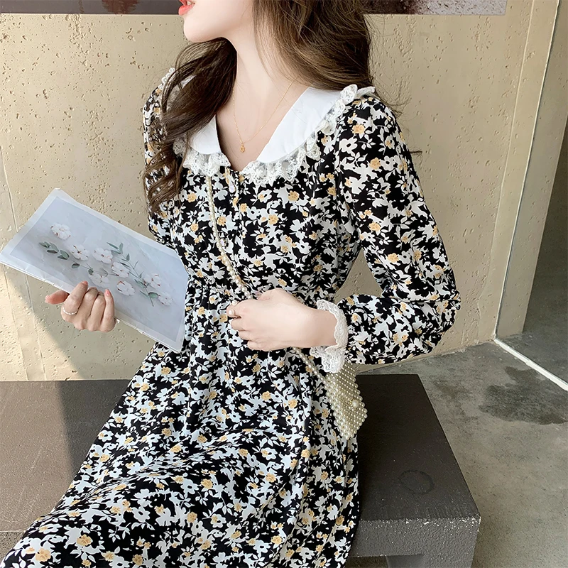 Doll Collar Korean Long Sleeved Floral Dress Autumn 2021 Lady Elegantes  Cascading Ruffle Chiffon Cascading Ruffle Balck 1324