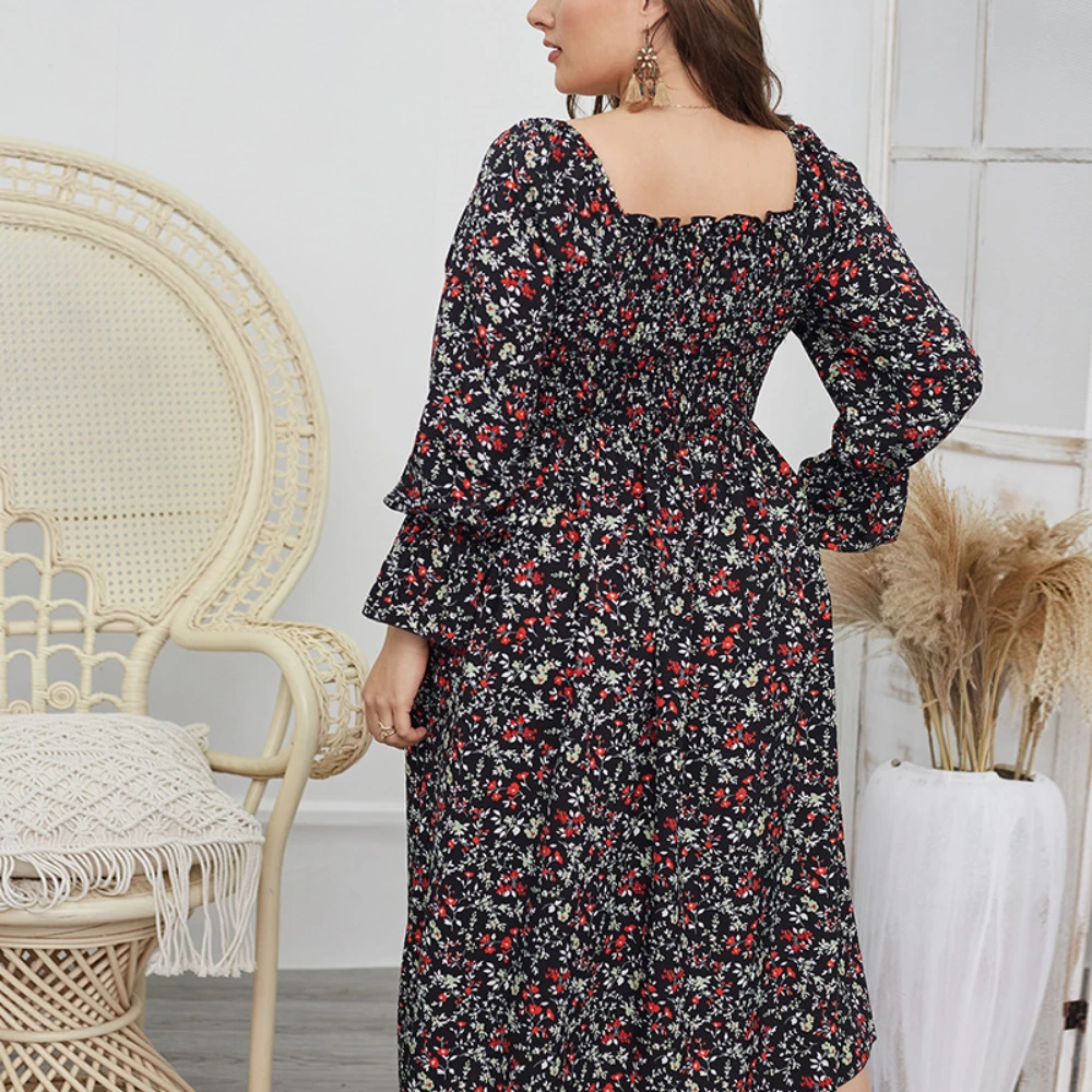 

2021 New Women Long Sleeve Slash Neck Summer Floral Plus Size Dress Loose Bohemian A-line Dresses Women's Fashion Beach Style