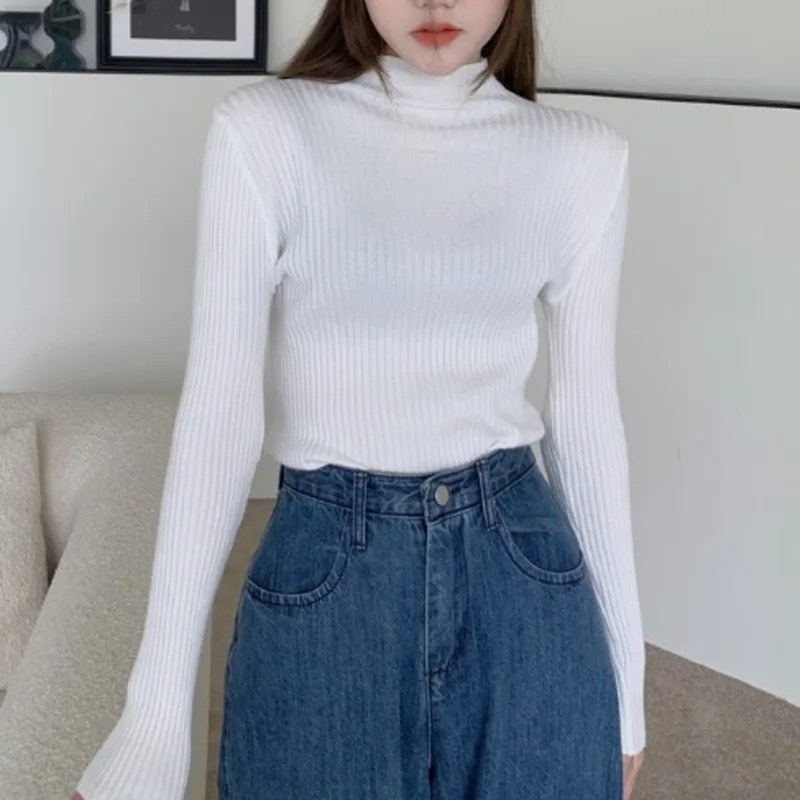 

White Sweater Women's Half High Neck Slim Fit Versatile Folding Bottomed Sweater Autumn Winter Long Sleeved Sweater