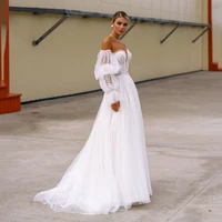 boho wedding dress a line strapless detachable puff sleeves tulle lace pleated v neck bohemian wedding gown sweetheart neck