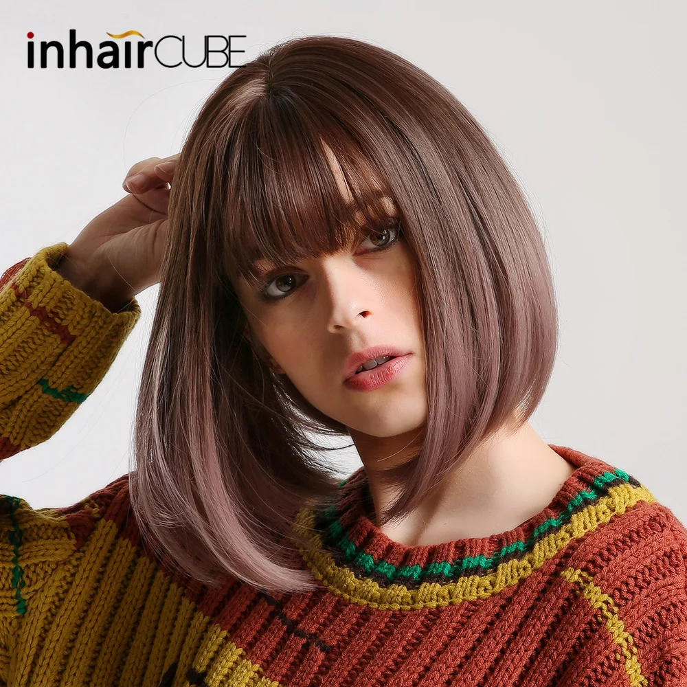 Inhaircube Bobo Straight Ombre Hair Synthetic Wigs with Bangs Heat Resistant Brown Purple Light Golden Wig Free Shipping |