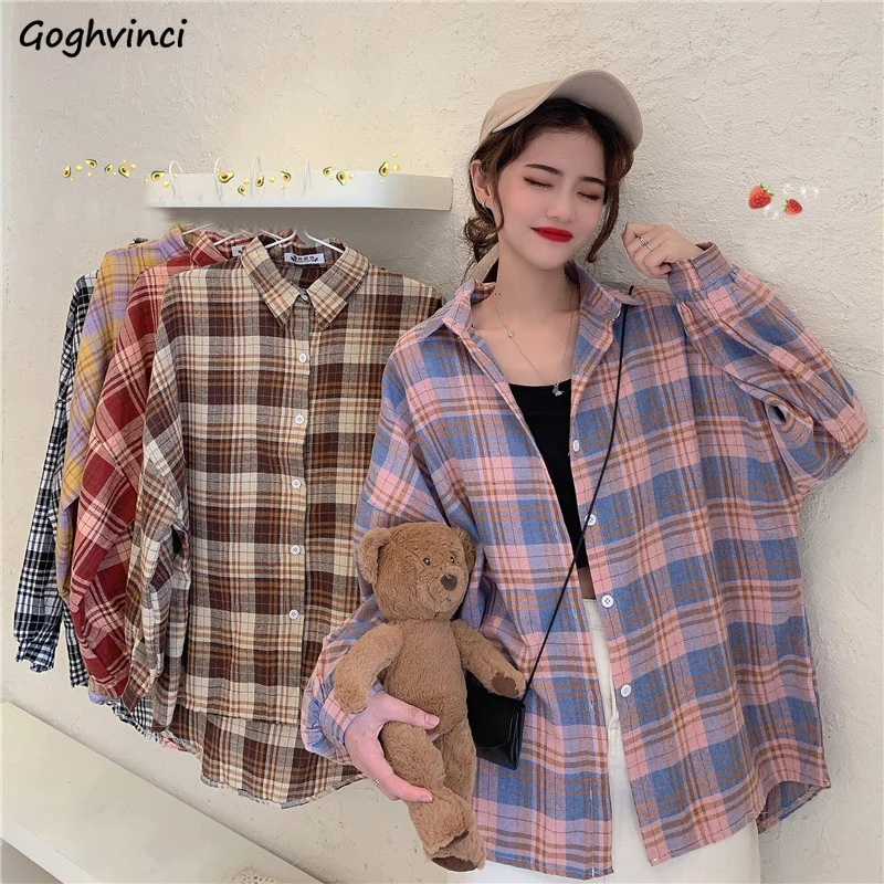 

Blouses Shirts Women Spring Plaid Korean Style Colorful All-match Loose Womens Blusas Streetwear Leisure Sweet Girls Ulzzang New