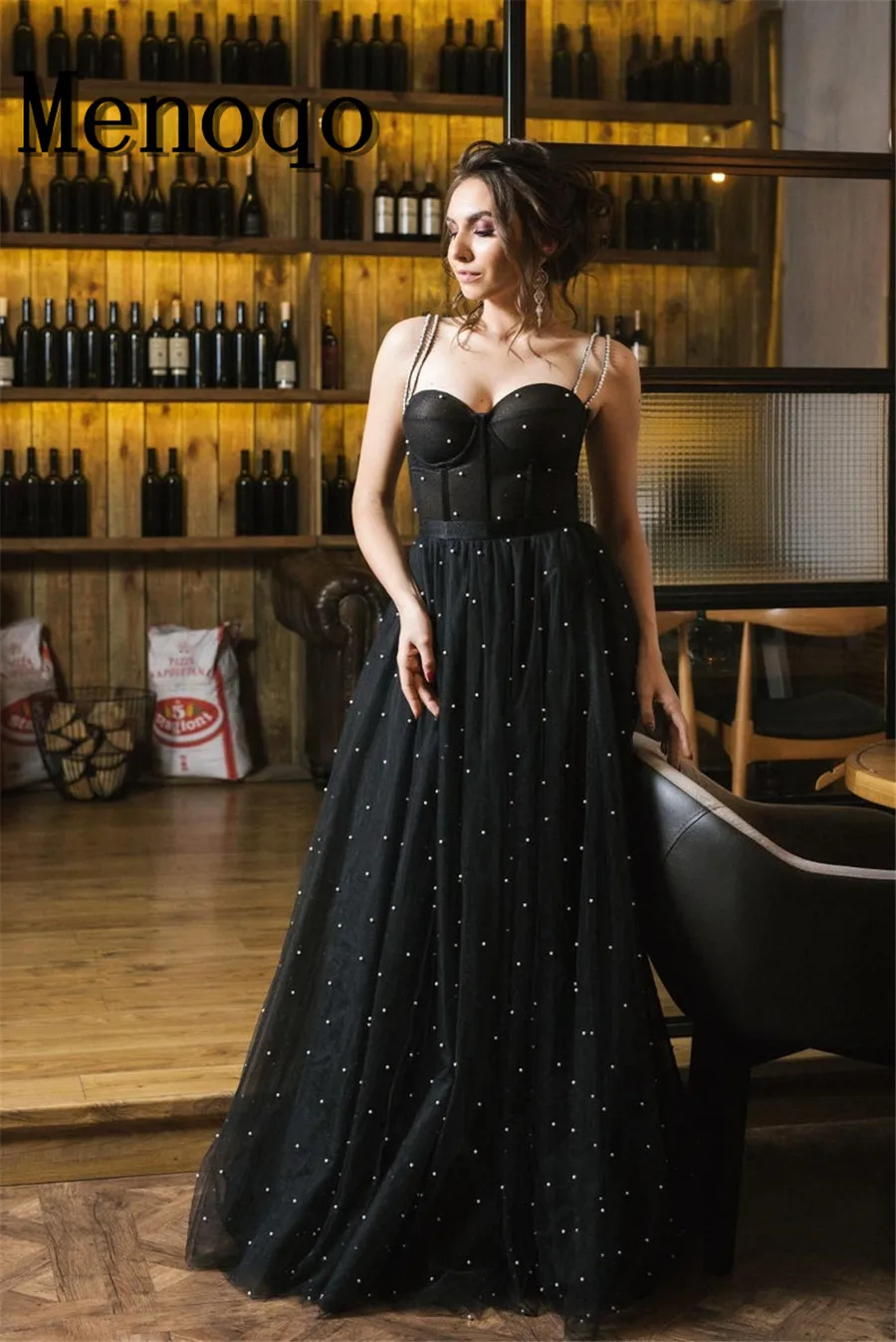 

menoqo Black Tulle Prom Dresses Sparkly Sweetheart Wedding Party Dresses Long A-Line Prom Gown فساتين السهرة