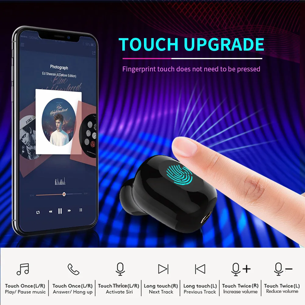 TWS 5 0 Bluetooth наушники беспроводные с сенсорным управлением спортивные басы
