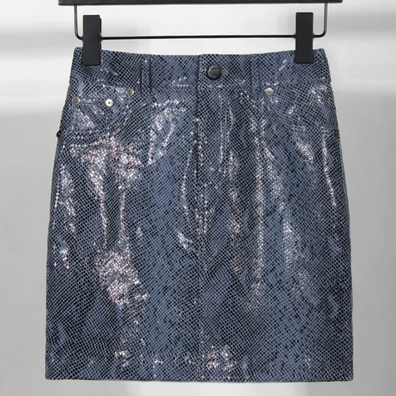 

Fashion Stretch Women Genuine Leather Skirts Streetwear Slim Snake Print Sheepskin Short Skirts Party High Waist Wrap Skirts