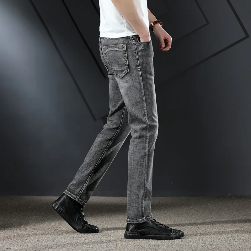 

SHAN BAO high quality cotton stretch men's fit straight smoky gray jeans 2021 spring classic brand youth fashion denim jeans