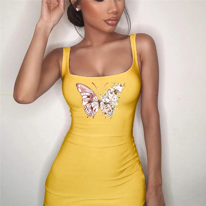 

Women Mini Dresses Big Butterfly Printing Bodycon Dress Sexy Square Collar Tunic Robe Femme Wide Shoulder Strap Club Vestidos