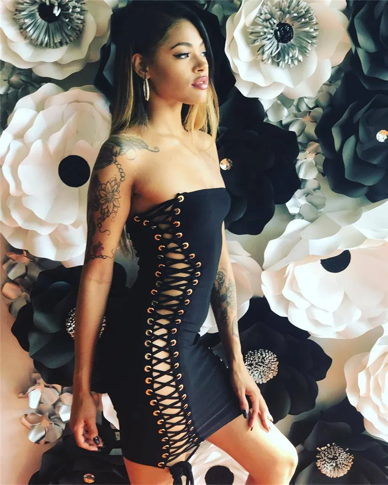 Женское облегающее платье без бретелек черное мини-платье рукавов с вырезами на