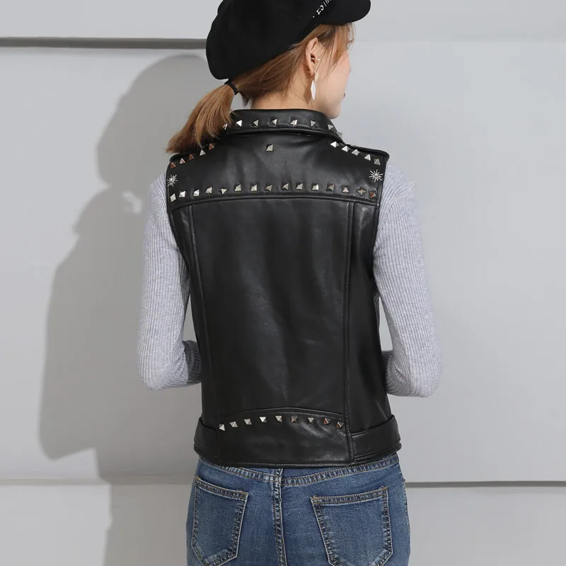 

Rivets Zip Punk Real Leather Vest Women Fashion Biker Sheepskin Sleeveless Jacket Autumn Street Lapel Short Waistcoat M-3XL