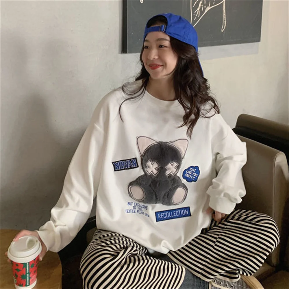 

Spring O-neck Cat Decal Girl Tops Kawaii Patchwork Hoodie Women Oversized Gery Korean Style Loose Sweatshirt Pullover Coat