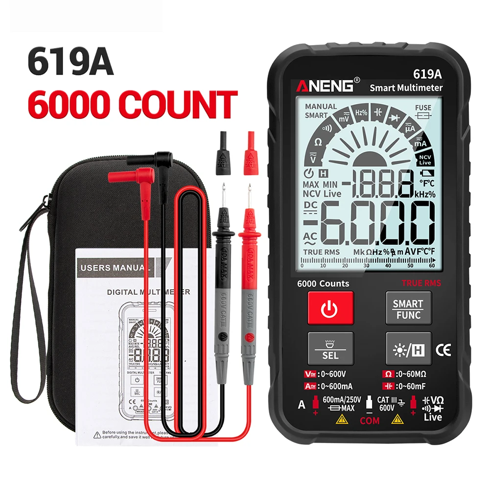 

619A Digital Multimeter Currents Voltage Meter Testers RMS 6000 Counts LCD Large Display Screen Analog Bar Multimeter NCV Meter