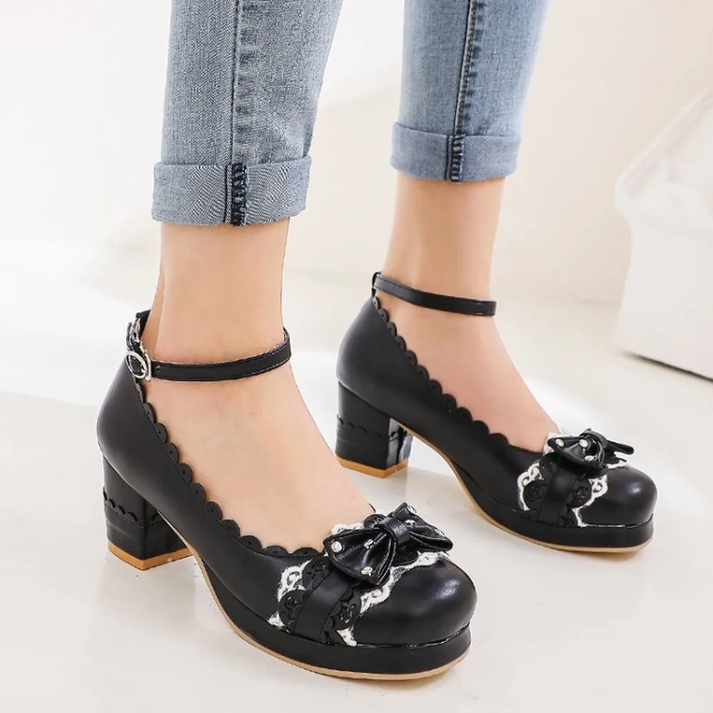 

Womens Lolita Round Toe Bowknot Rhinestones Mary Janes Kawaii Cosplay Block High Heel Shoes Sweet Plus Size