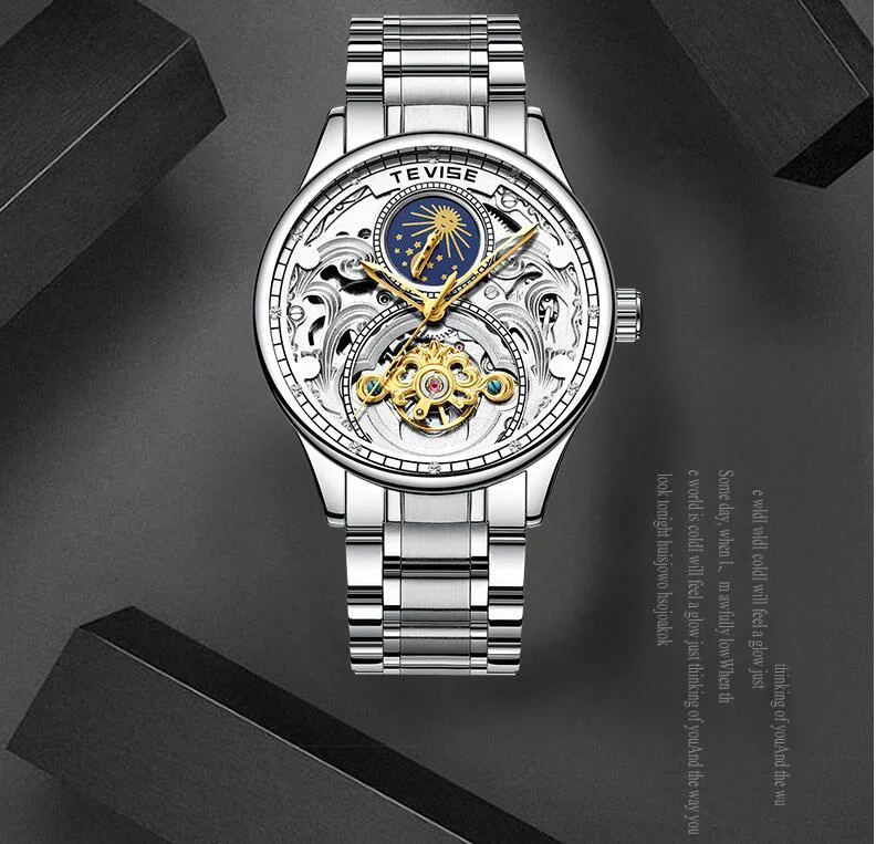 TEVISE часы Moon phase полые tourbillon автоматические механические наручные часы из нержавеющей стали мужские часы браслет часы