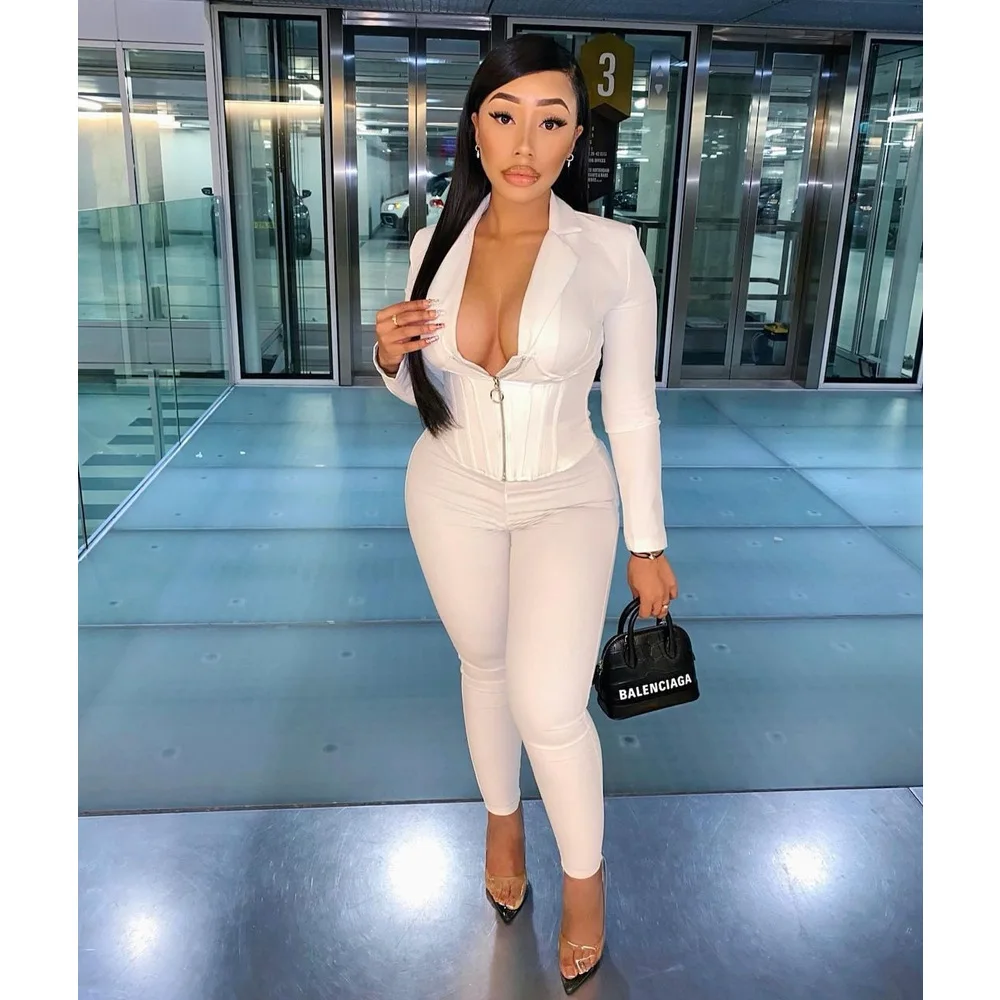 

Echoine Autumn Corset Patchwork Turn Down Blazer Collar Zipper Shirt Top Long Sleeve White Jacket Pants Set Blazer Suit Street