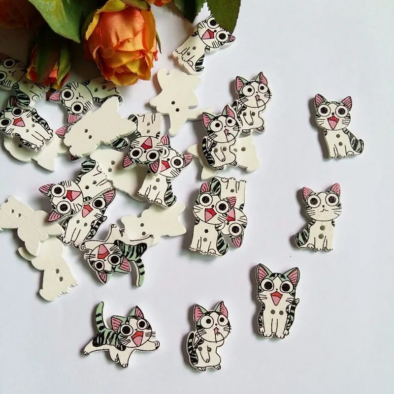 50 шт смешанные цвета Цвет милый кот мульти Botones 2 отверстия деревянная печать Flatblck