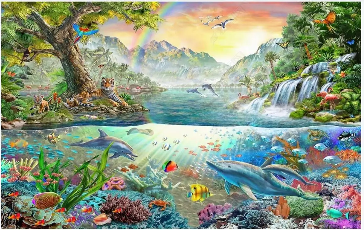 

Custom photo wallpaper for walls 3 d murals Colorful ocean dolphin cartoon tiger forest paradise children's room background wall