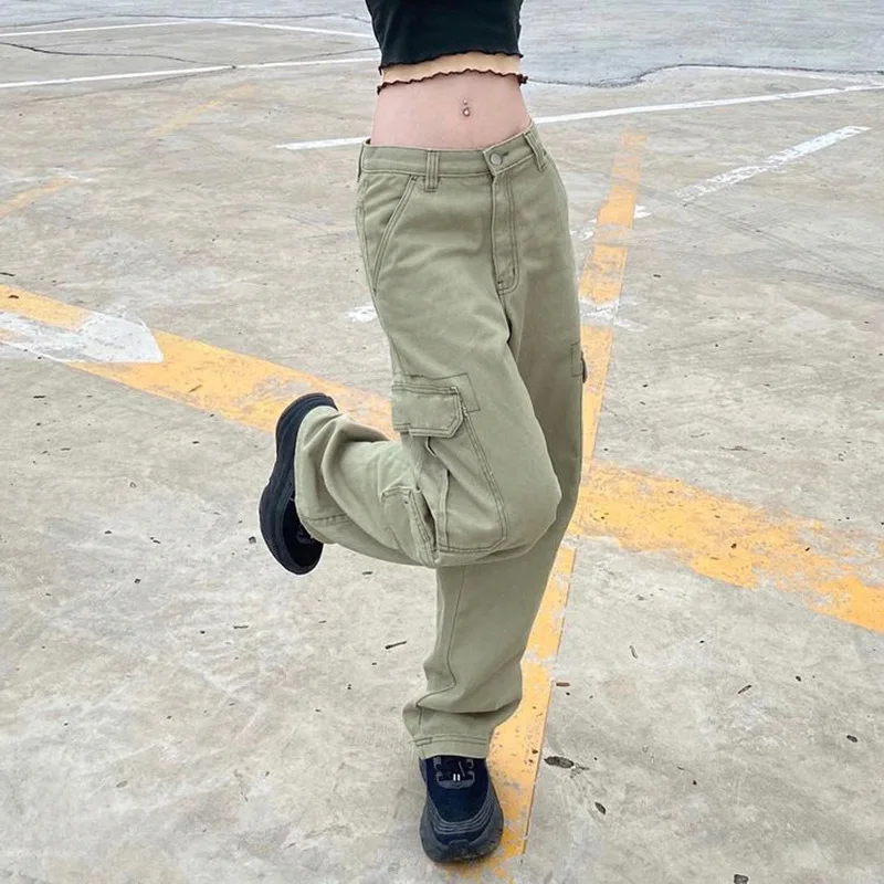 Vintage Low Rise Jeans Cargo Pants Women Denim Trousers Y2K Pocket 90s Aesthetics Loose Korean Fashion Egirl Wide Leg Streetwear