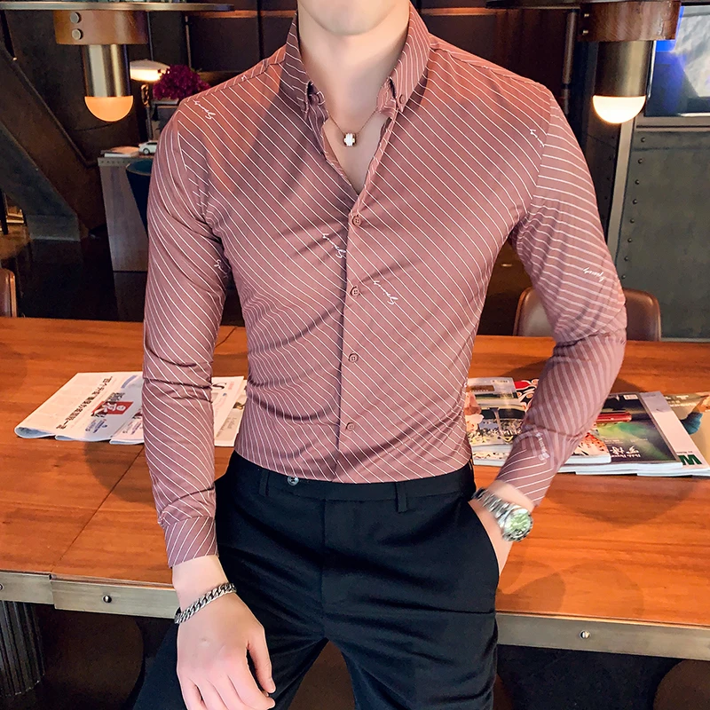 Chemise Homme британский стиль Для мужчин рубашка в полоску с длинными рукавами, высокое качество, отложной воротник, деловая, общественная рубашки Для мужчин клубный костюм-смокинг