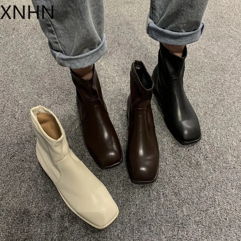 XNHN короткие ботинки в европейском стиле с квадратным носком Женские Простые