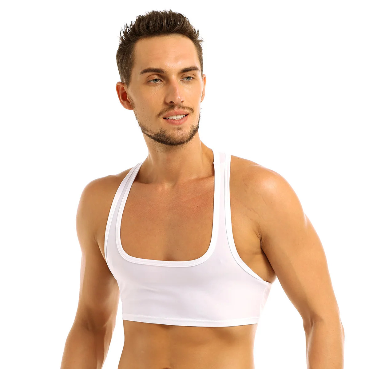 Мужские костюмы без рукавов, Y Back Muscle Half Summer, майка, майка, Клубная одежда, вечерние, сценические, укороченные топы