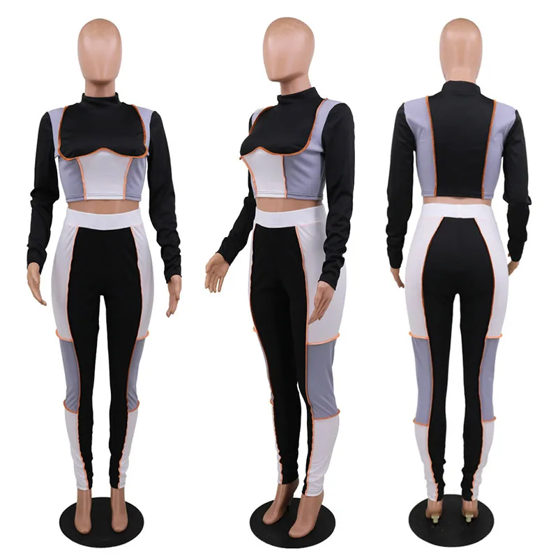 

2021 Spring and Autumn Casual Stitching Color Suit, Slim Top and Leggings Two-piece Set for Women Outfit