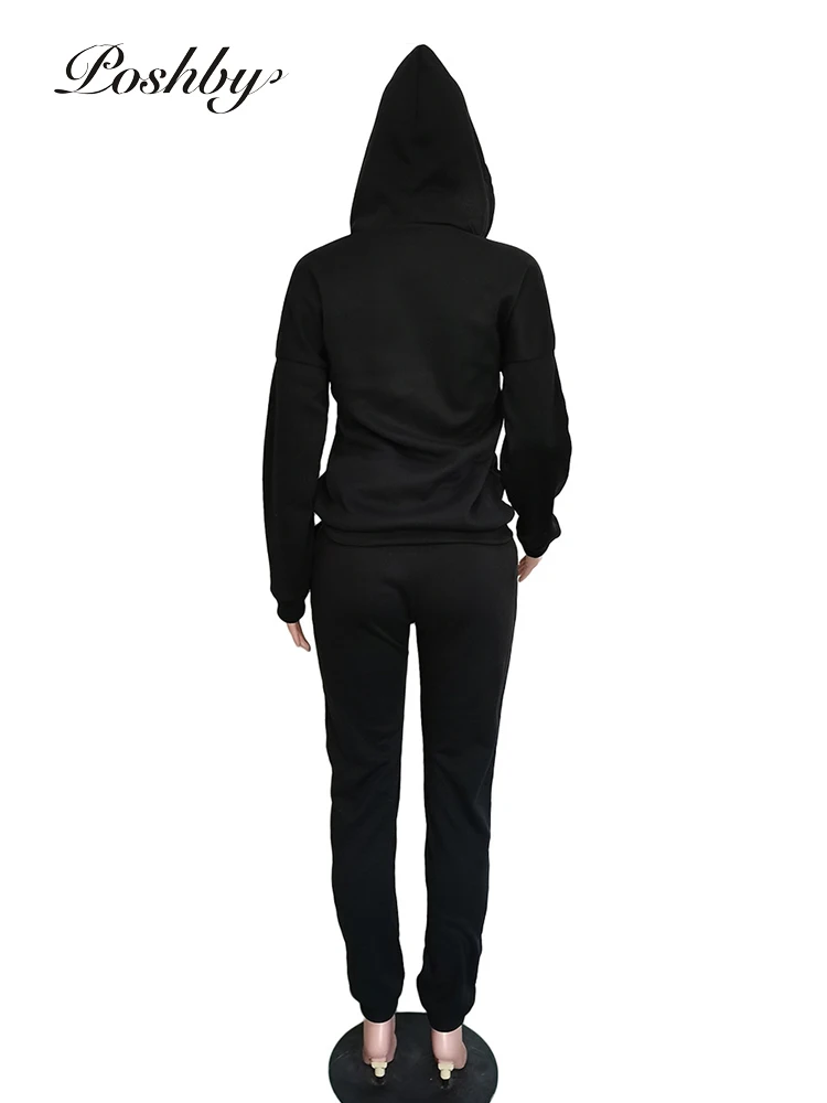 

Poshby Letter Printing Street Women 2 Piece Set Thickened Sweater Hoodie Pocket Casual Fitness Autumn Winter Outfit Matching Set