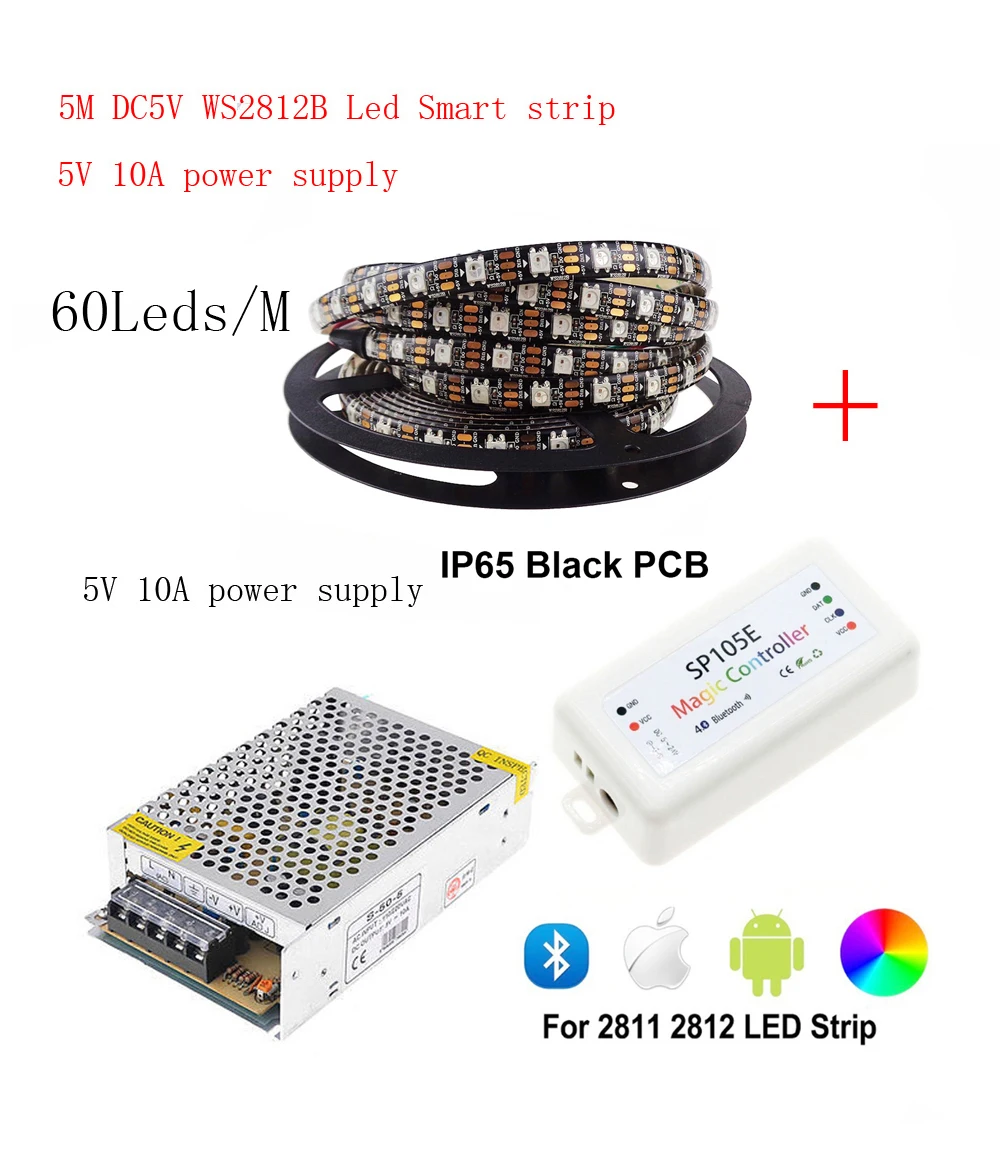 5m DC5V WS2812B светодиодный полосы 60 пикселей/светодиодный s/m WS2812 IC смарт 5050 RGB света + 5V