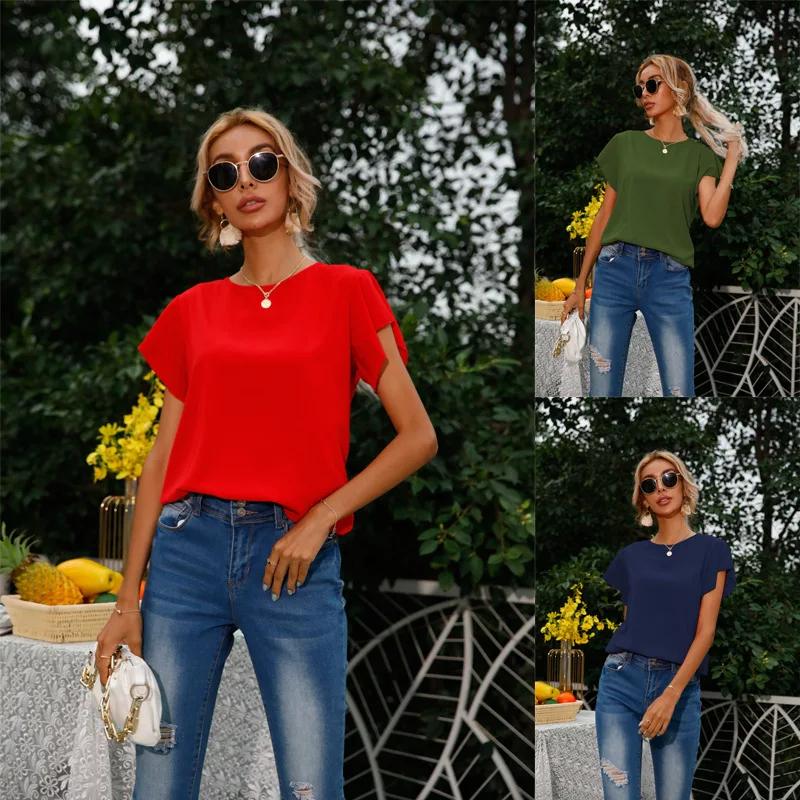 

2021 Summer Fashion Women O-Neck Lotus Short Sleeves T-Shirt Female Casual Office Slim Tee Sexy Ladies Solid Tops Streetwear