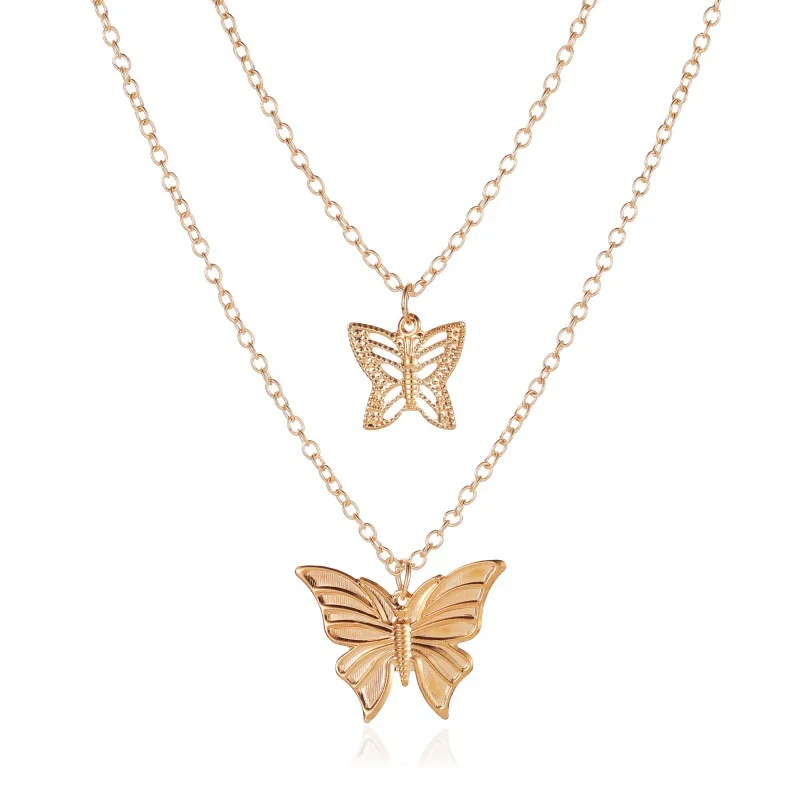 

100pcs/lot European and American new fashion double butterfly necklace temperament hollow butterfly pendant clavicle chain