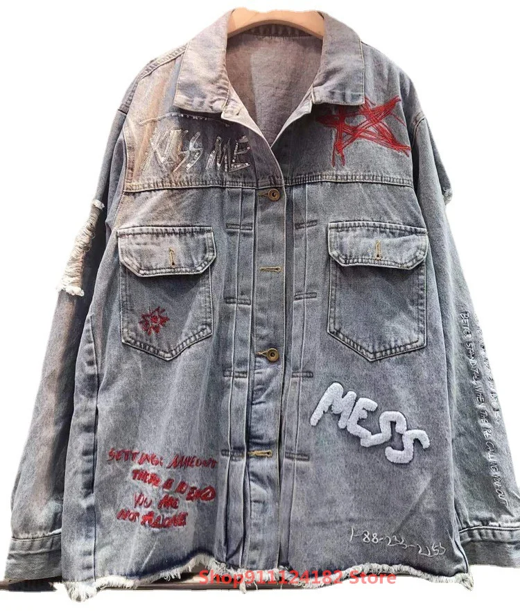 

New Spring New Denim Clothes Female Korean Embroidery Cartoon Loose Large Size Long-Sleeved Cardigan Jacket