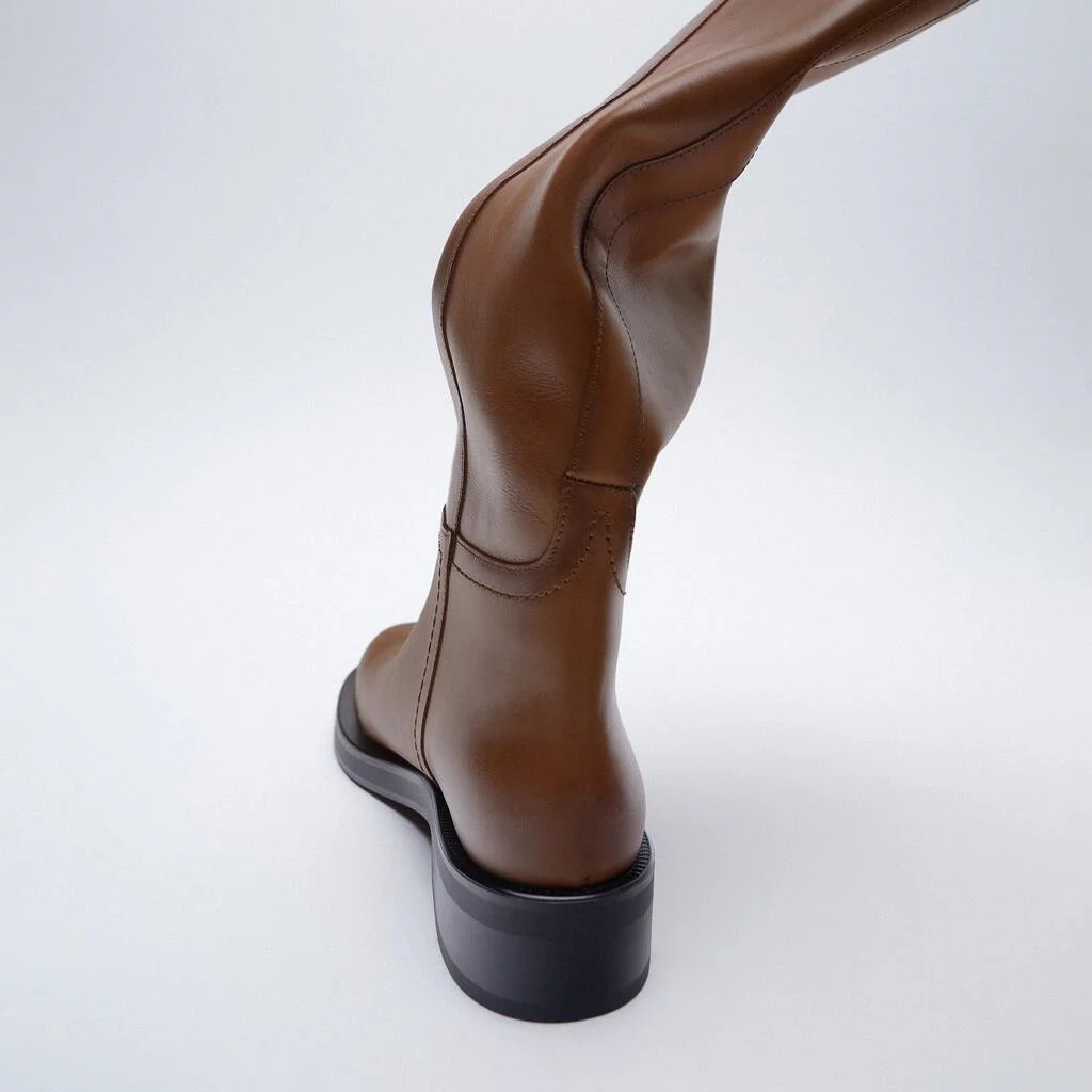 

2021 new fashion thick bottom high tube knee less leather boots women's Boots