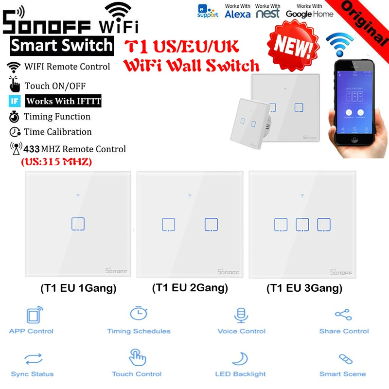 Пульт дистанционного управления SONOFF T1 TX RF/Voice/ APP /Touch Control EU/US/UK Wifi Smart Switch с базовым