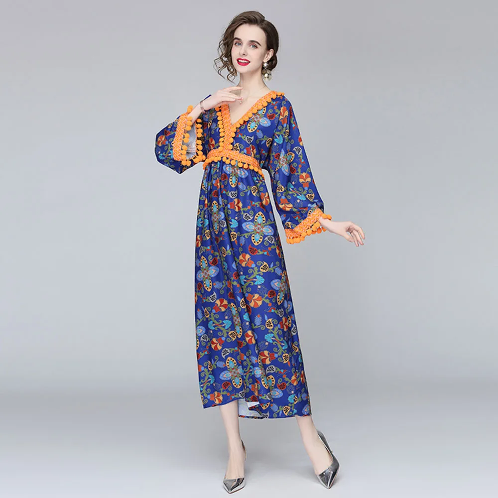 

2021 Summer Western Style Fashion Temperament Women's Dress Casual Designer Simple Thin Printing Tassel V-neck Long Sleeve